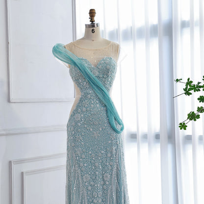 Luxury Turquoise Beaded Elegant Mermaid Evening Dress LA73386A