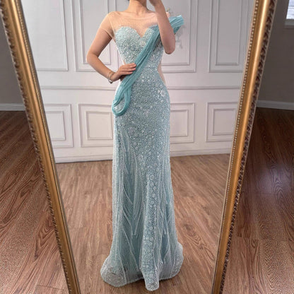 Luxury Turquoise Beaded Elegant Mermaid Evening Dress LA73386A