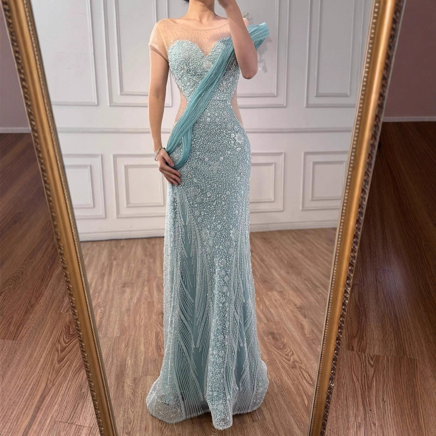 Luxury Turquoise Beaded Elegant Mermaid Evening Dress LA73386A