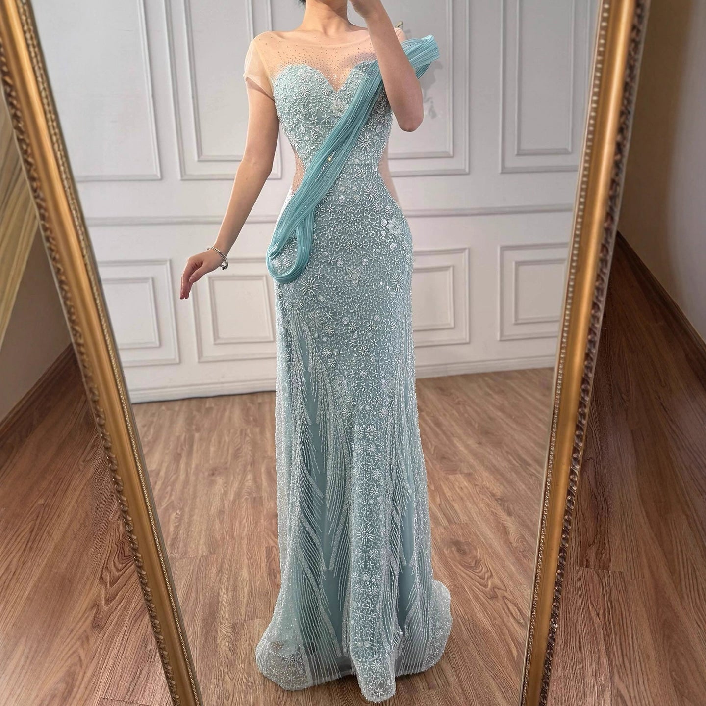Luxury Turquoise Beaded Elegant Mermaid Evening Dress LA73386A