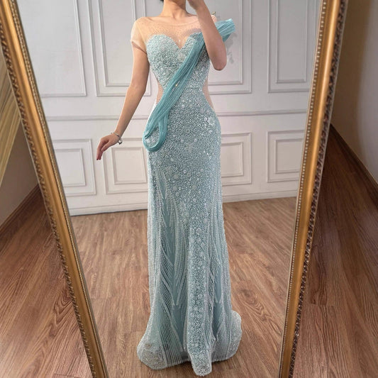 Luxury Turquoise Beaded Elegant Mermaid Evening Dress LA73386A