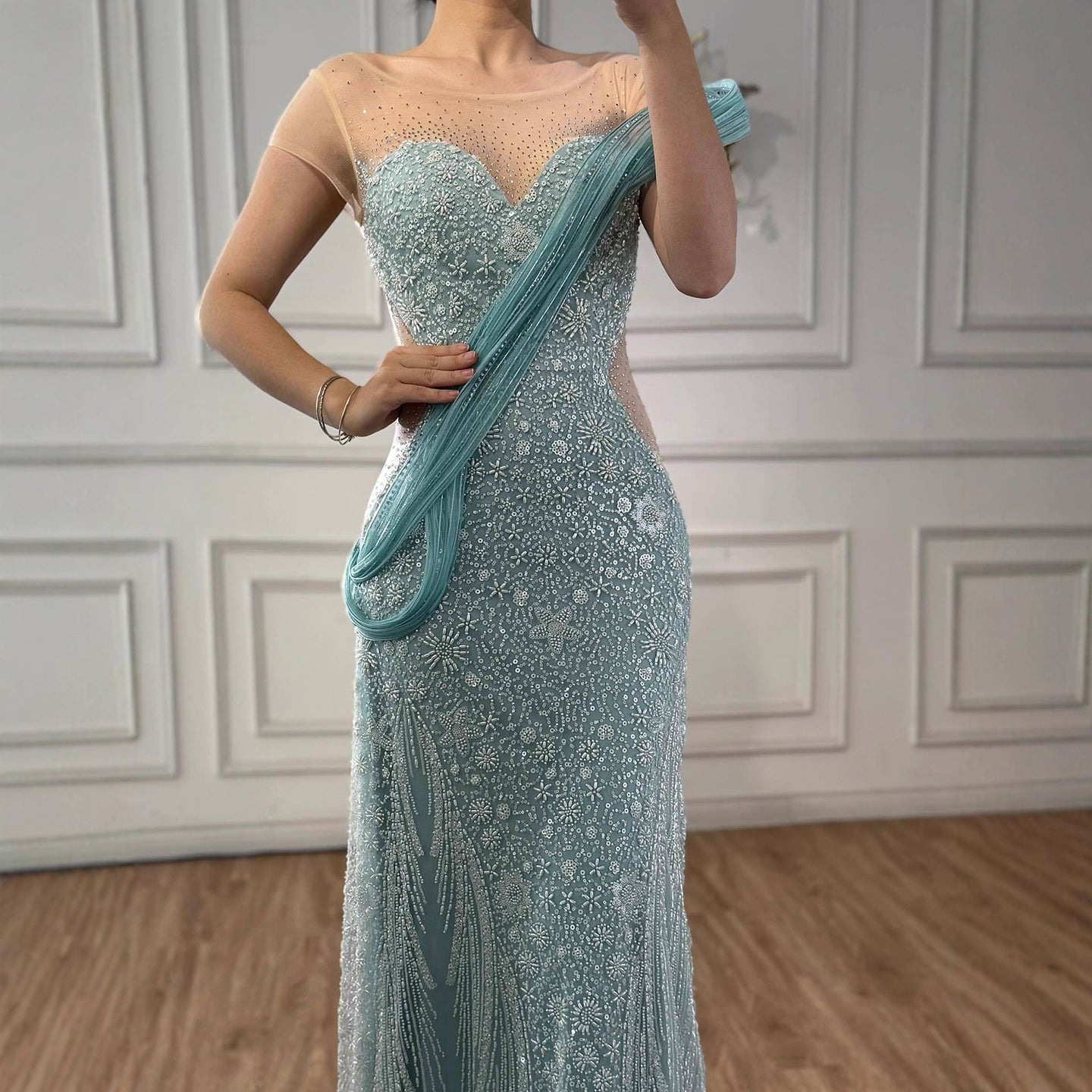 Luxury Turquoise Beaded Elegant Mermaid Evening Dress LA73386A
