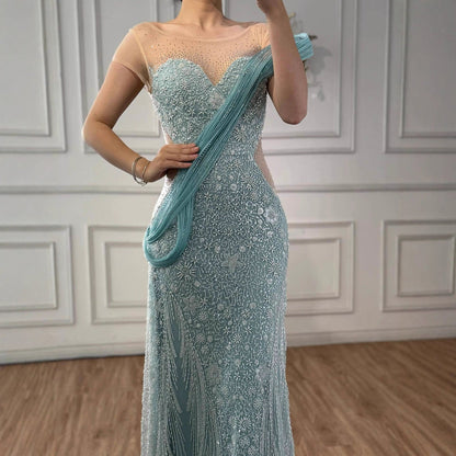 Luxury Turquoise Beaded Elegant Mermaid Evening Dress LA73386A