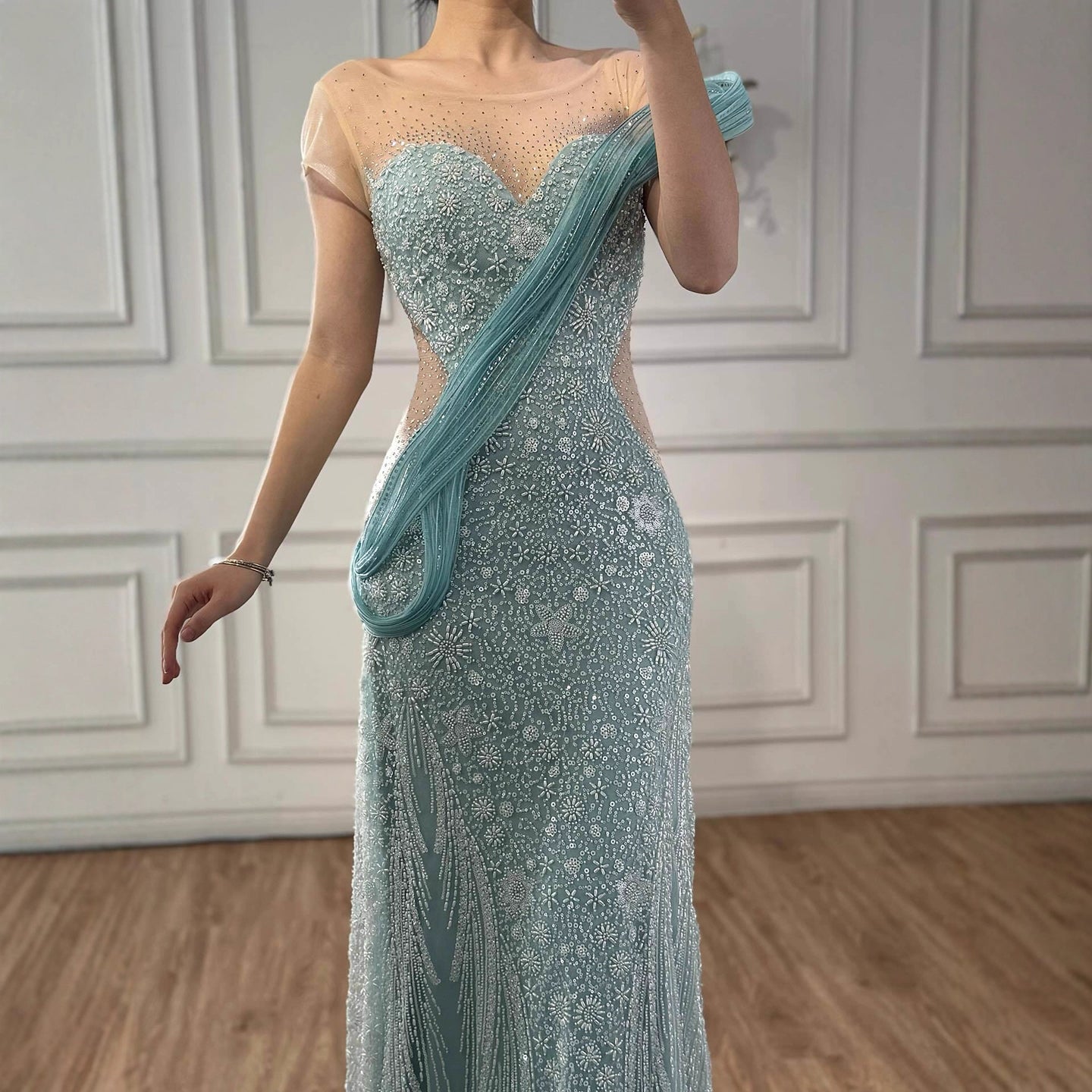 Luxury Turquoise Beaded Elegant Mermaid Evening Dress LA73386A