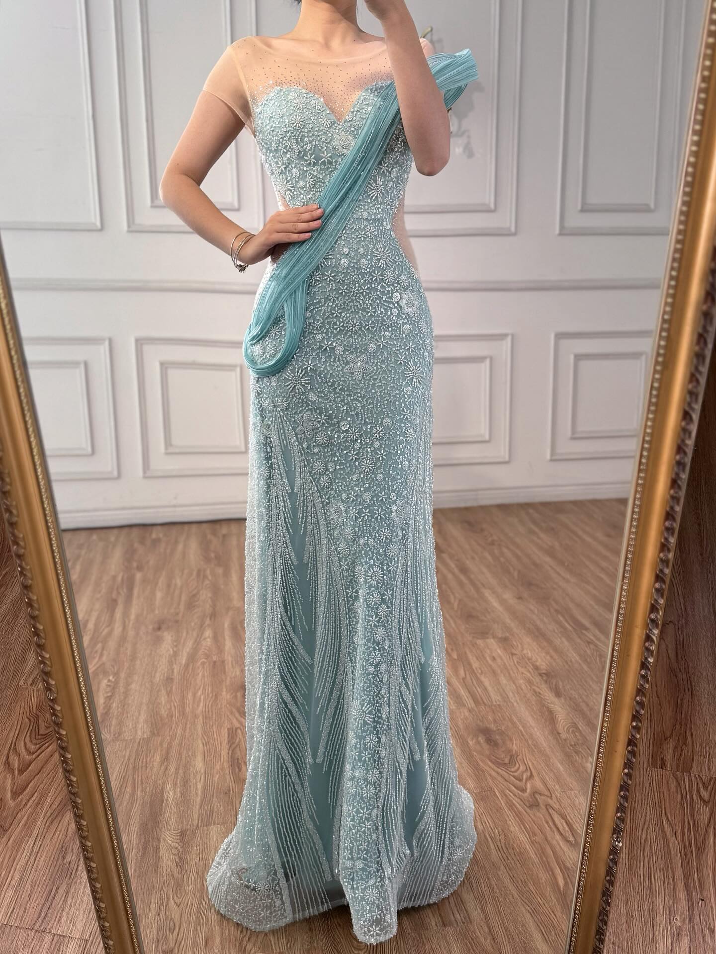 Luxury Turquoise Beaded Elegant Mermaid Evening Dress LA73386A