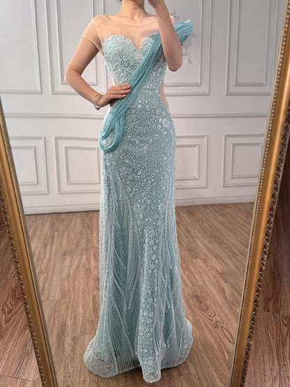 Luxury Turquoise Beaded Elegant Mermaid Evening Dress LA73386A