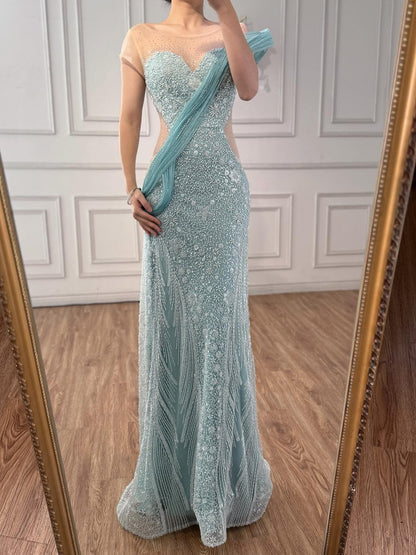 Luxury Turquoise Beaded Elegant Mermaid Evening Dress LA73386A