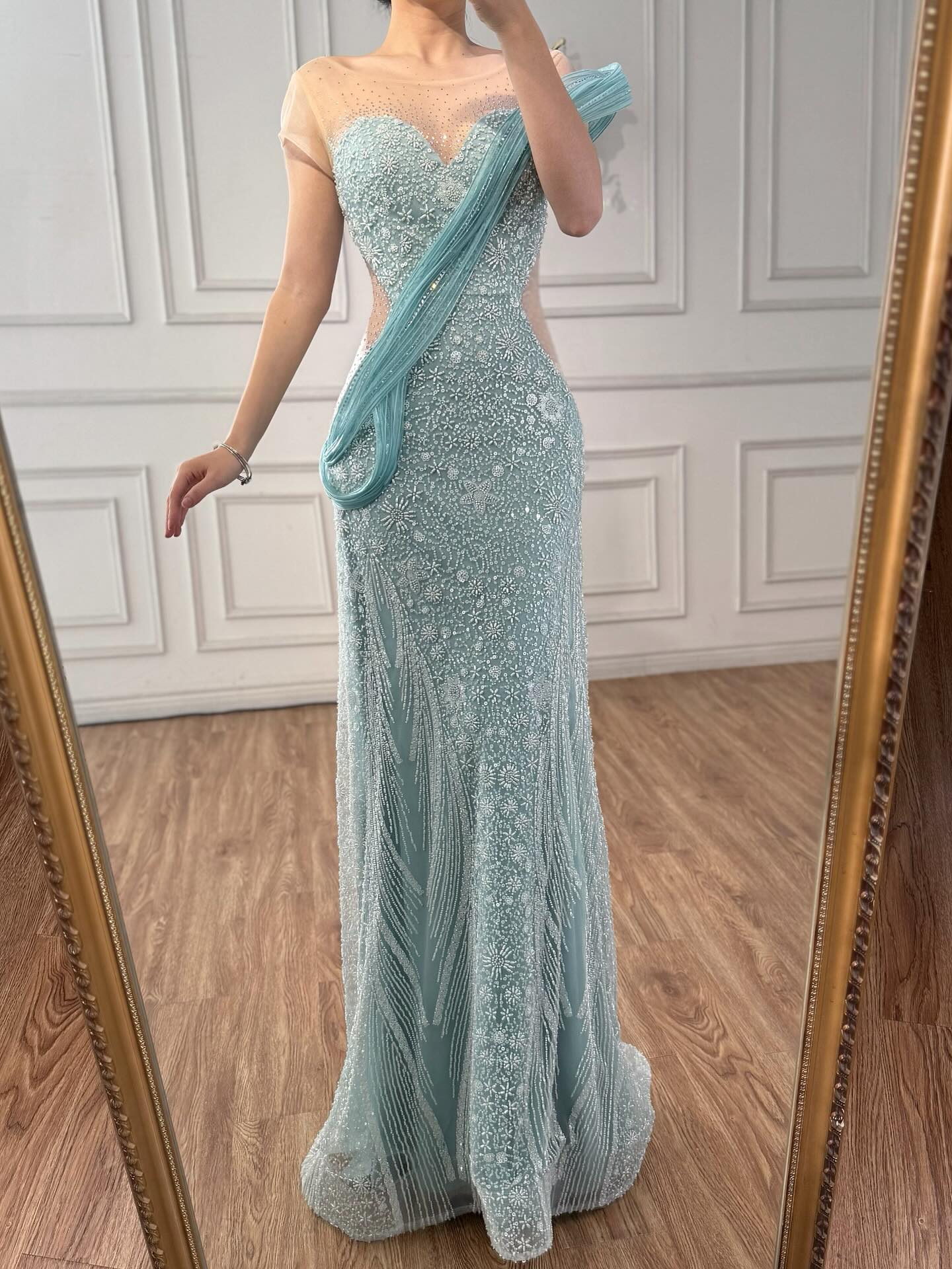 Luxury Turquoise Beaded Elegant Mermaid Evening Dress LA73386A