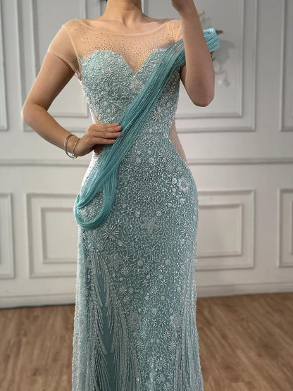 Luxury Turquoise Beaded Elegant Mermaid Evening Dress LA73386A