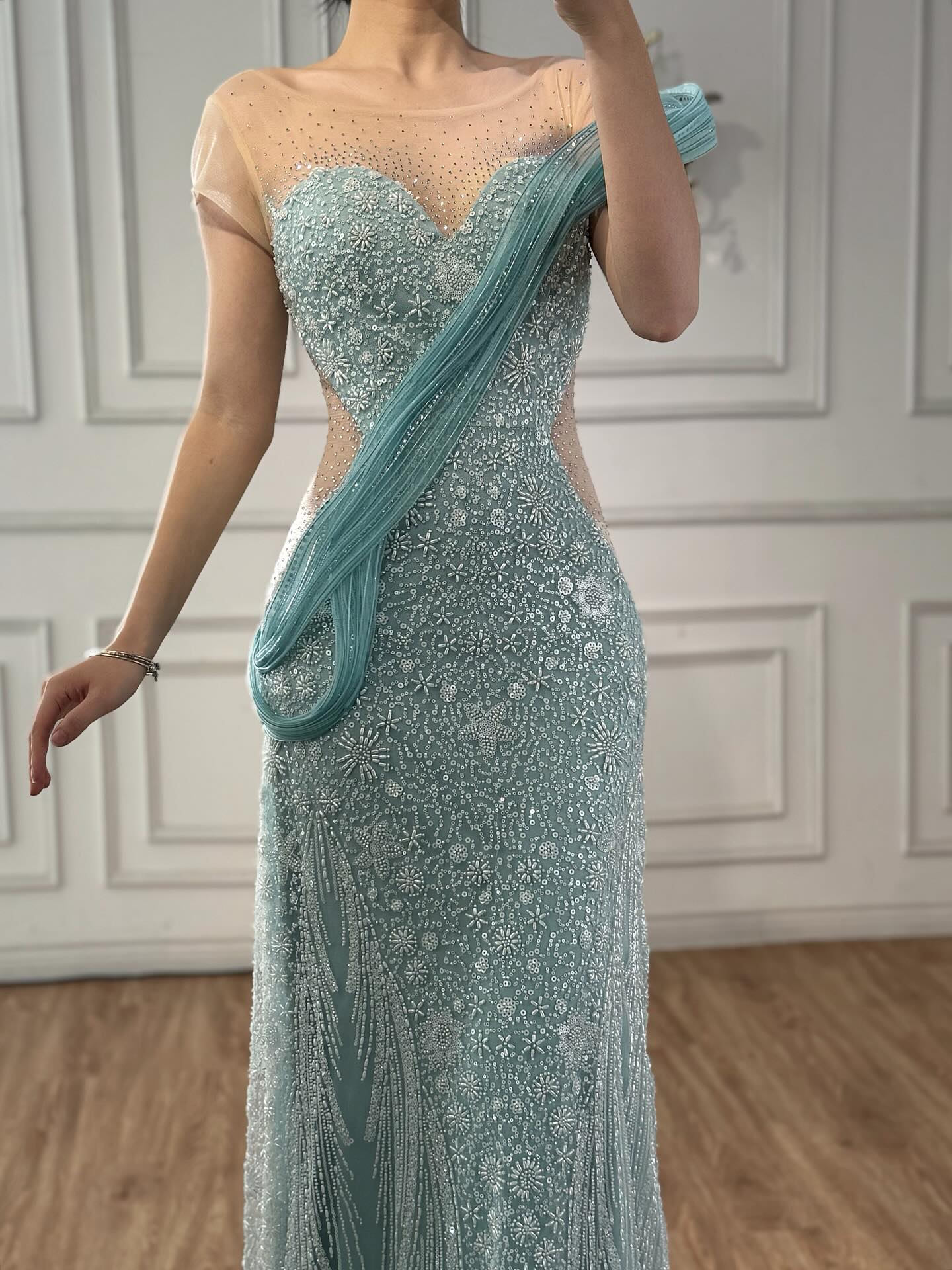 Luxury Turquoise Beaded Elegant Mermaid Evening Dress LA73386A