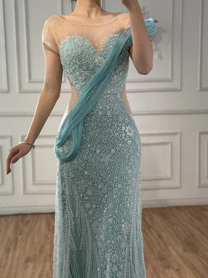 Luxury Turquoise Beaded Elegant Mermaid Evening Dress LA73386A