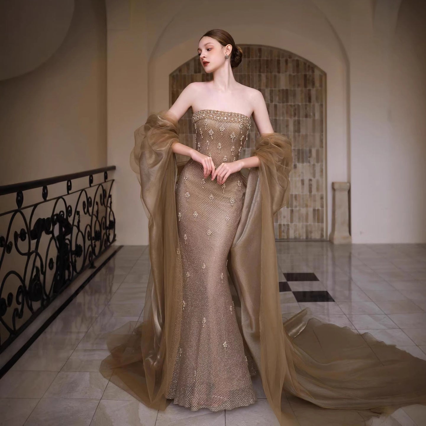 Luxury Gold Crystal Mermaid Evening Dress With Cape LA73387