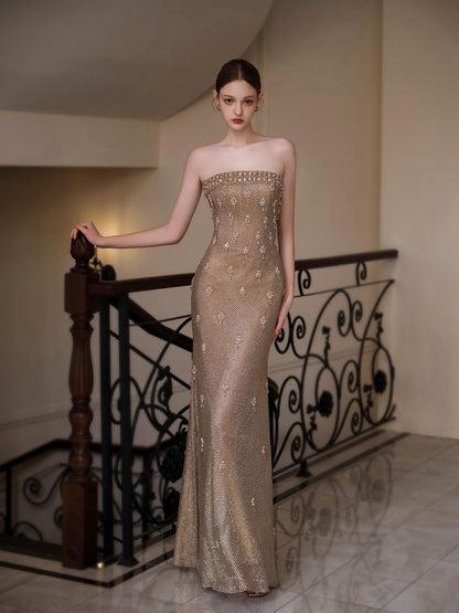 Luxury Gold Crystal Mermaid Evening Dress With Cape LA73387