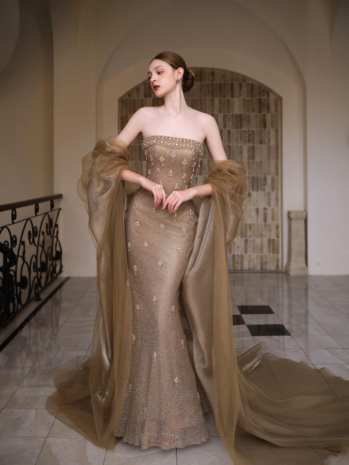 Luxury Gold Crystal Mermaid Evening Dress With Cape LA73387