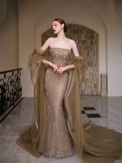 Luxury Gold Crystal Mermaid Evening Dress With Cape LA73387