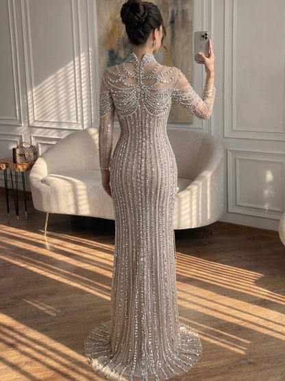 Luxury Nude Crystal Beaded Mermaid Evening Dress LA73391