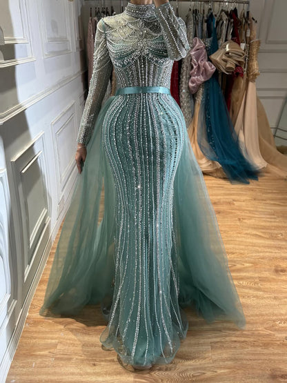Luxury Nude High Neck Beaded Mermaid Evening Dress with Overskirt LA73391A