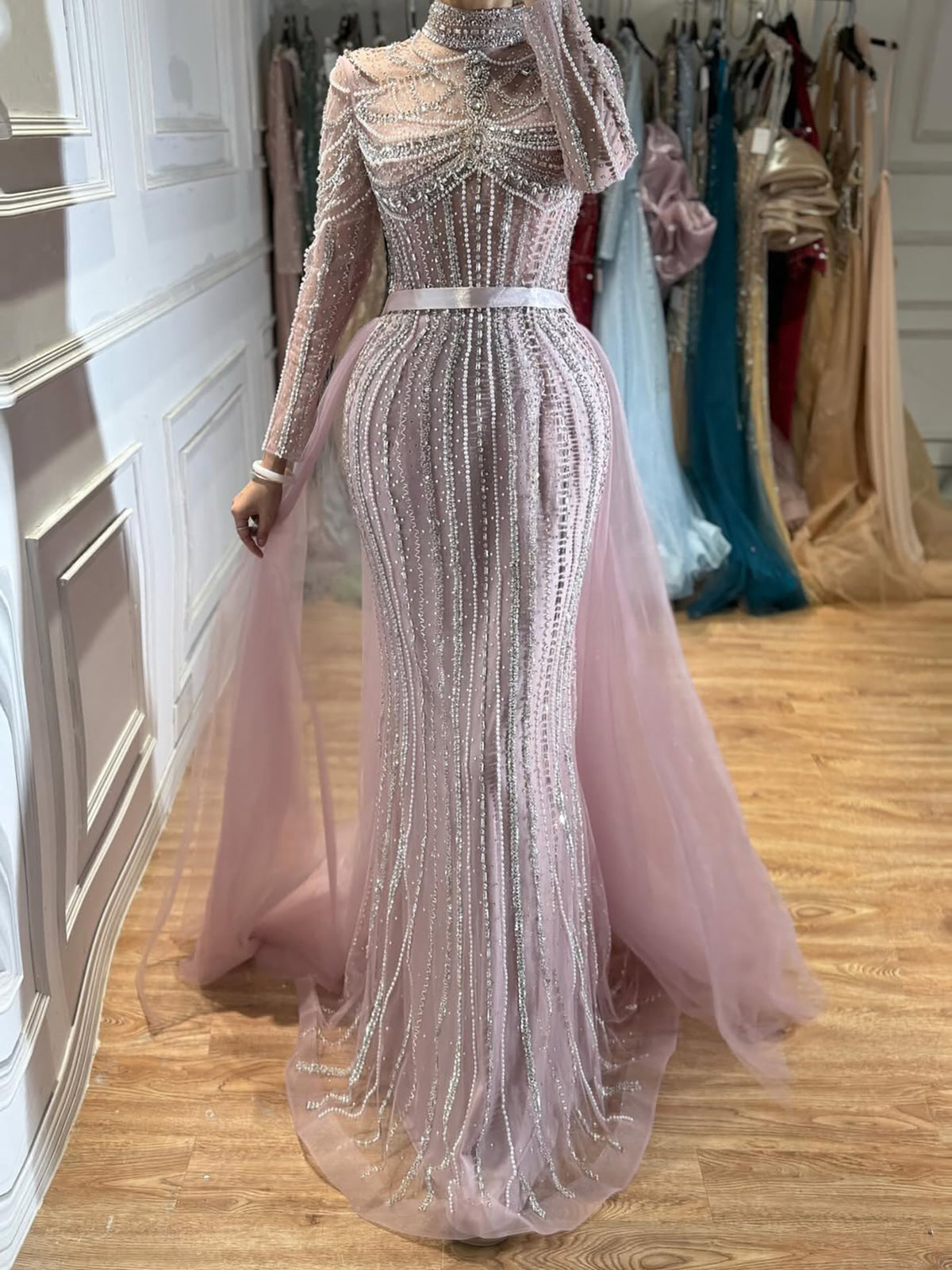 Luxury Nude High Neck Beaded Mermaid Evening Dress with Overskirt LA73391A