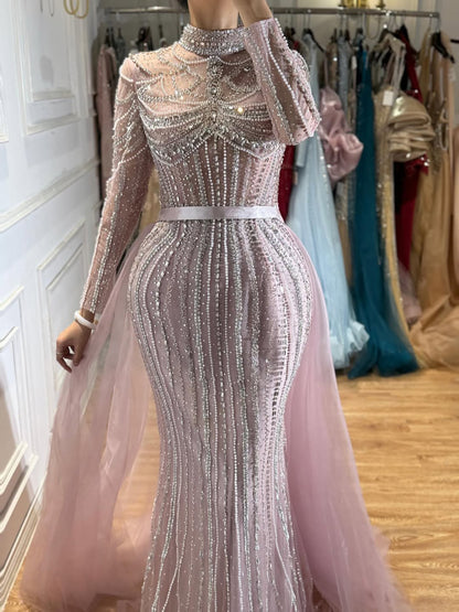 Luxury Nude High Neck Beaded Mermaid Evening Dress with Overskirt LA73391A