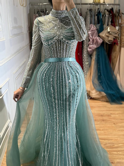 Luxury Nude High Neck Beaded Mermaid Evening Dress with Overskirt LA73391A