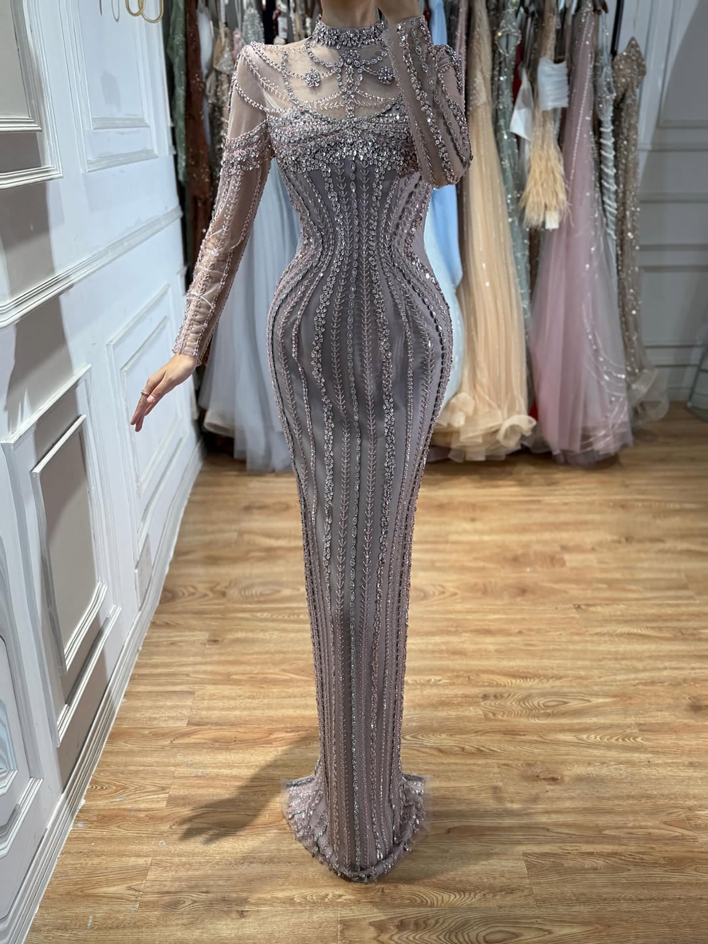 Luxury Nude Crystal Beaded Long Sleeves Mermaid Dress LA73391B