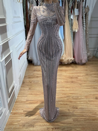 Luxury Nude Crystal Beaded Long Sleeves Mermaid Dress LA73391B
