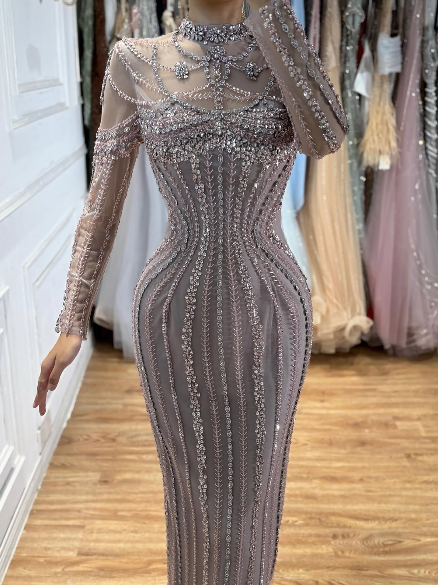 Luxury Nude Crystal Beaded Long Sleeves Mermaid Dress LA73391B
