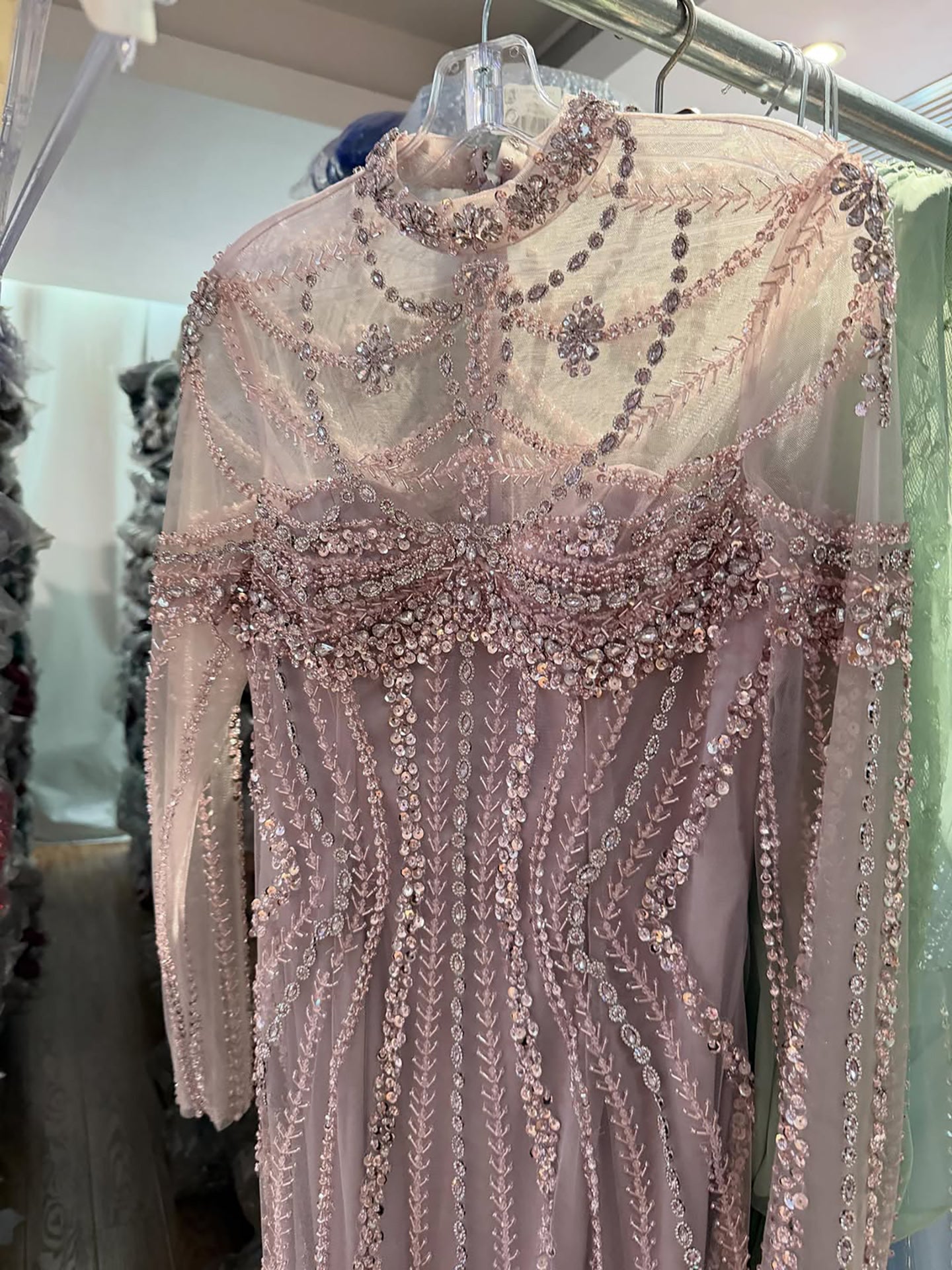 Luxury Nude Crystal Beaded Long Sleeves Mermaid Dress LA73391B