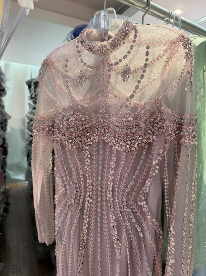 Luxury Nude Crystal Beaded Long Sleeves Mermaid Dress LA73391B