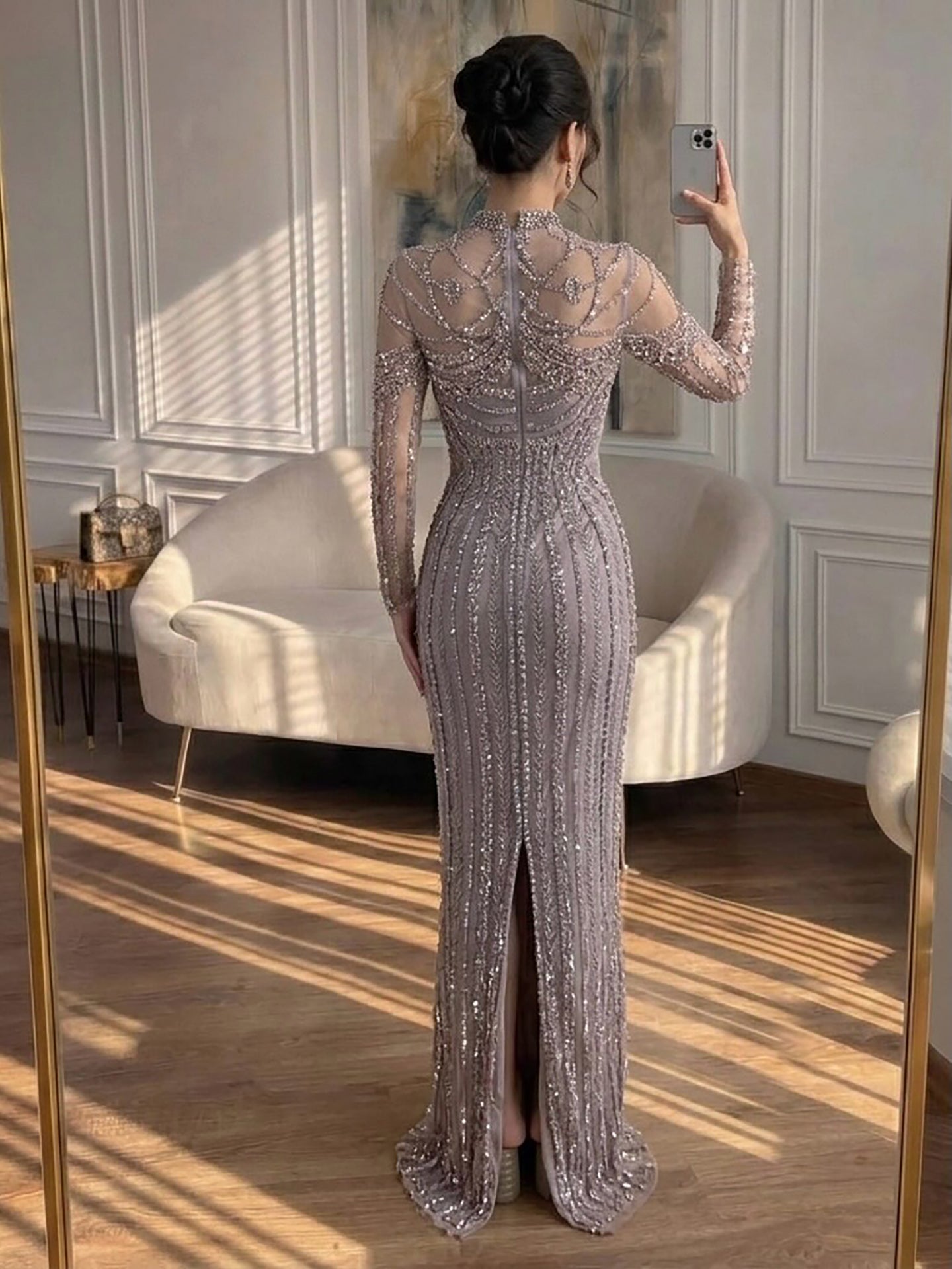 Luxury Nude Crystal Beaded Long Sleeves Mermaid Dress LA73391B