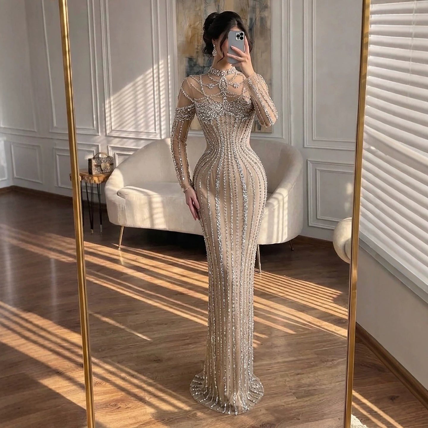 Luxury Nude Crystal Beaded Long Sleeves Mermaid Dress LA73391B