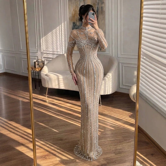 Luxury Nude Crystal Beaded Long Sleeves Mermaid Dress LA73391B