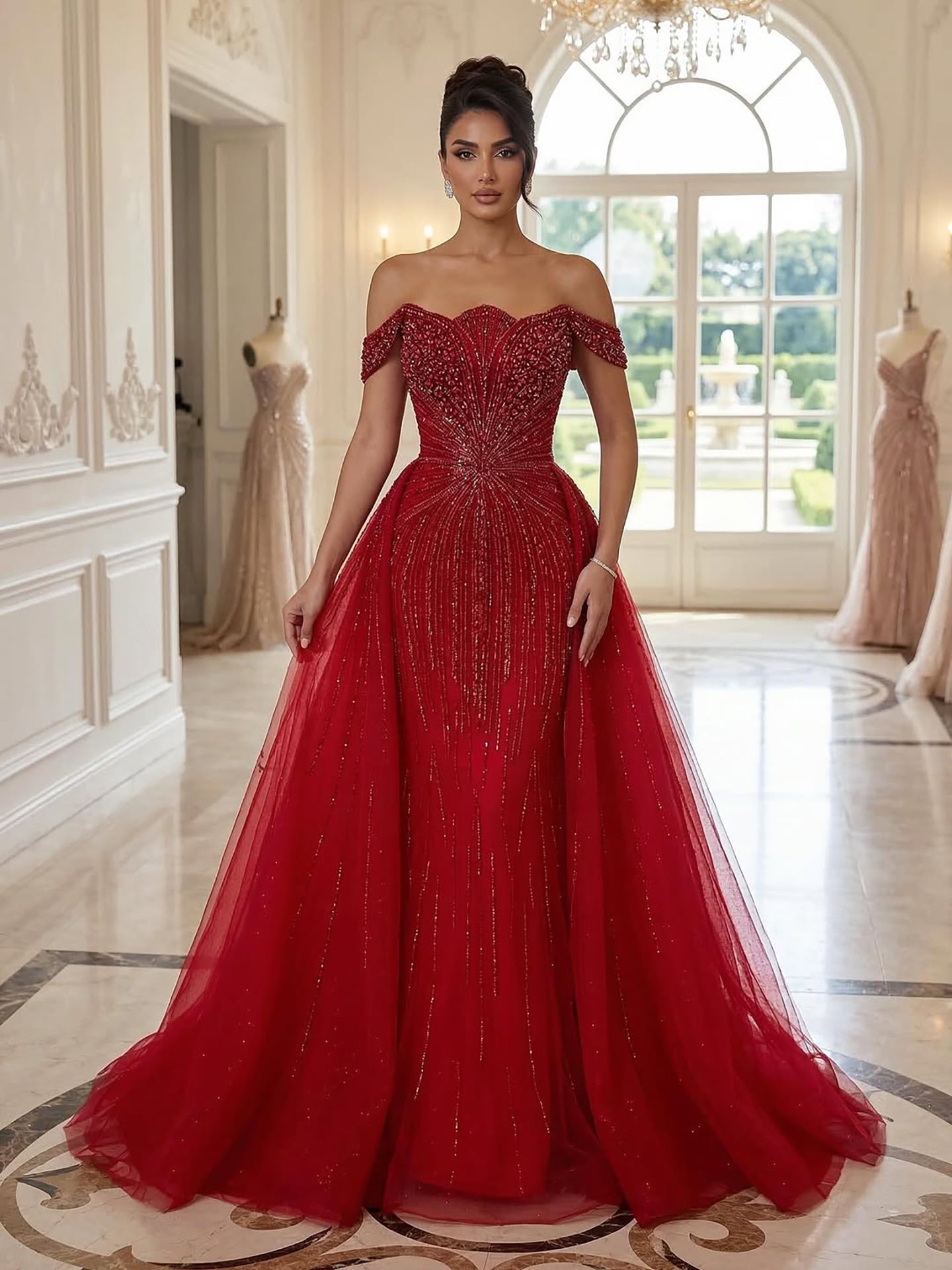 Luxury Beaded Nude Off Shoulder Mermaid Evening Dress LA73392