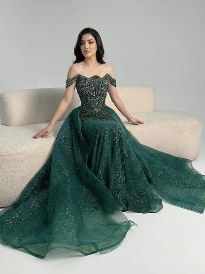 Luxury Beaded Nude Off Shoulder Mermaid Evening Dress LA73392
