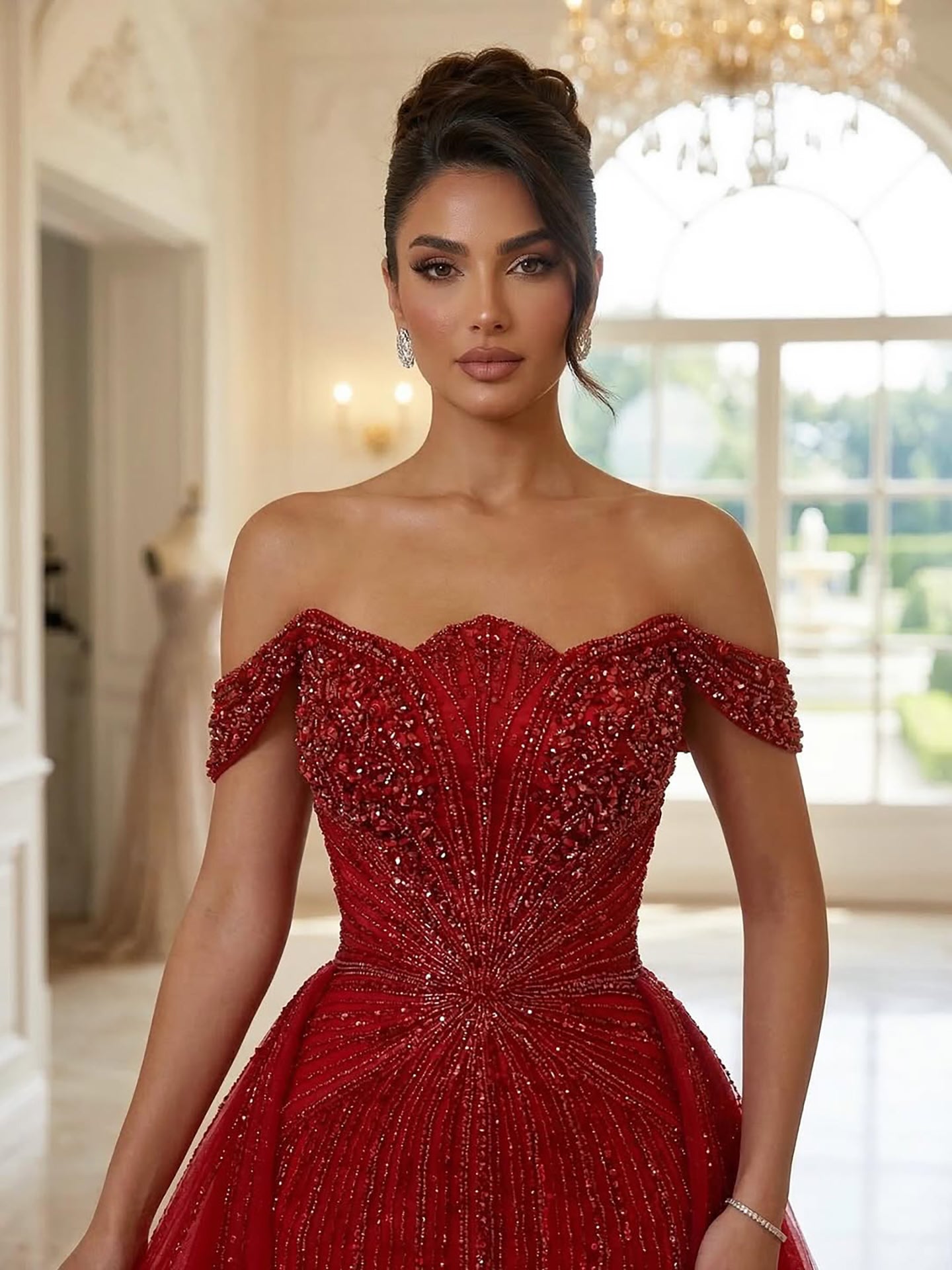 Luxury Beaded Nude Off Shoulder Mermaid Evening Dress LA73392