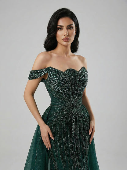 Luxury Beaded Nude Off Shoulder Mermaid Evening Dress LA73392