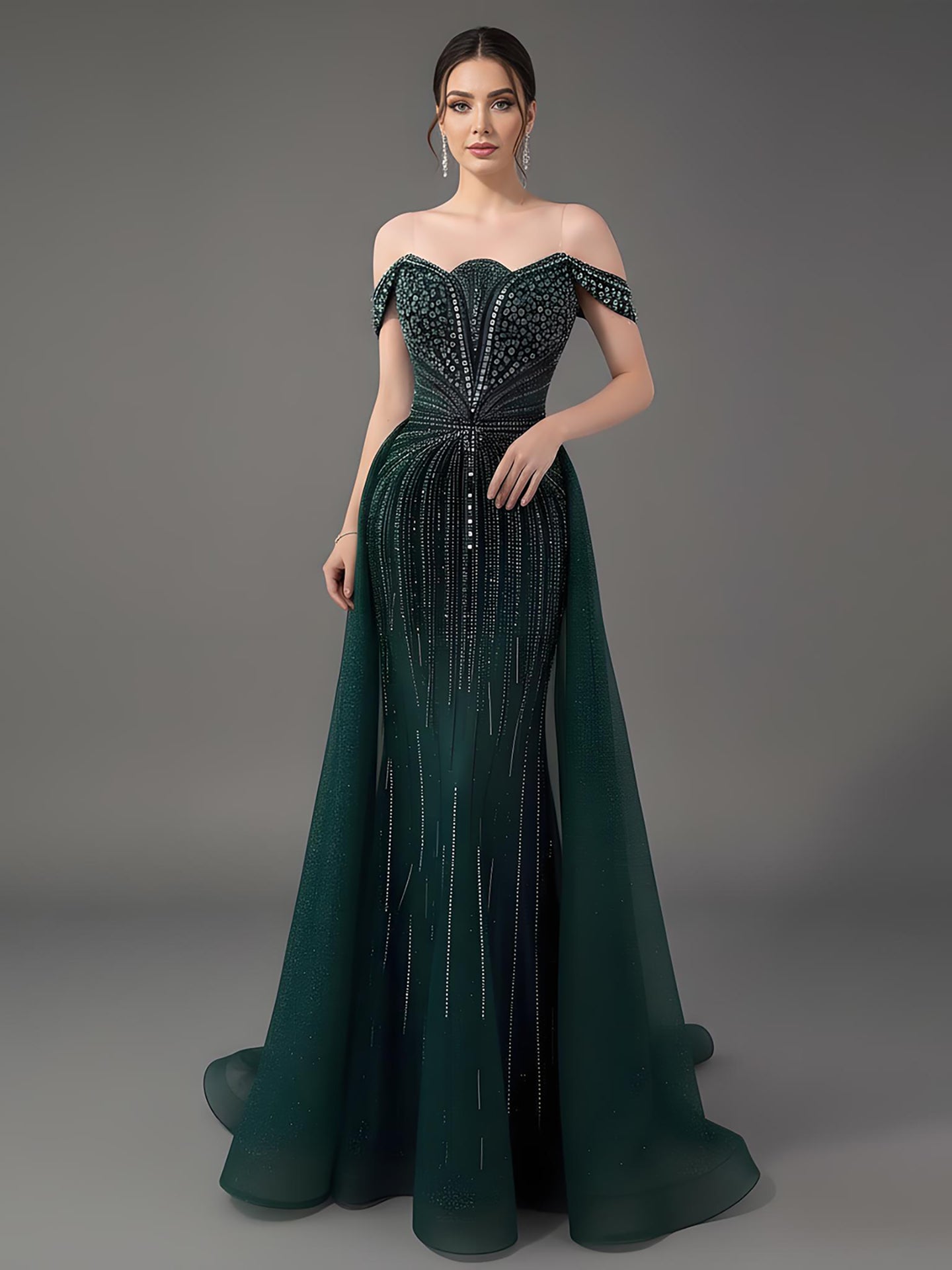 Luxury Beaded Nude Off Shoulder Mermaid Evening Dress LA73392