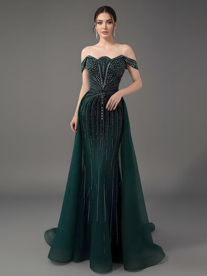 Luxury Beaded Nude Off Shoulder Mermaid Evening Dress LA73392