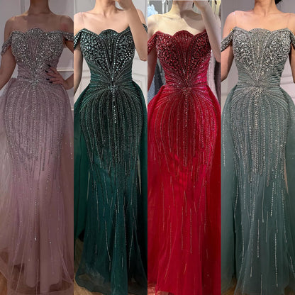 Luxury Beaded Nude Off Shoulder Mermaid Evening Dress LA73392