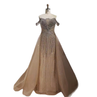 Luxury Beaded Nude Off Shoulder Mermaid Evening Dress LA73392
