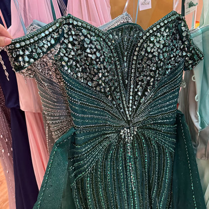 Luxury Beaded Nude Off Shoulder Mermaid Evening Dress LA73392