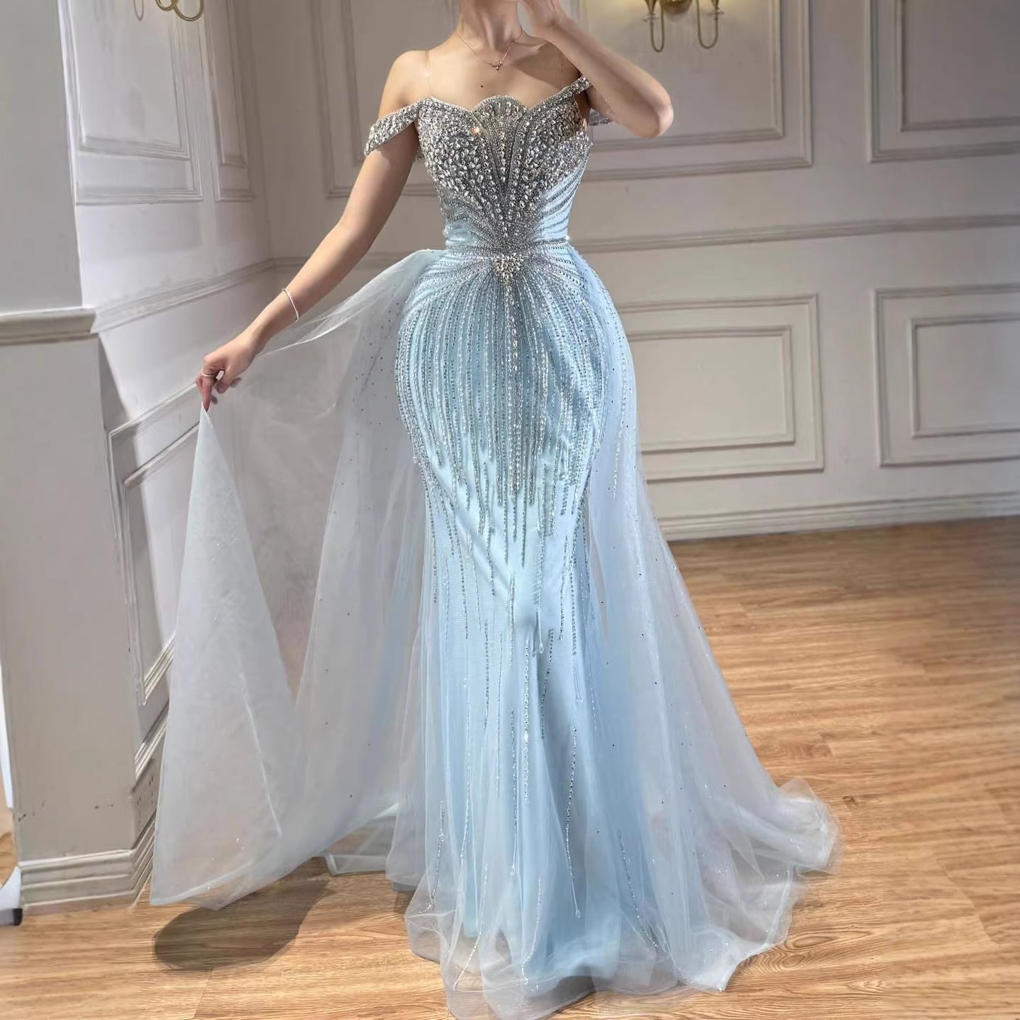 Luxury Beaded Nude Off Shoulder Mermaid Evening Dress LA73392