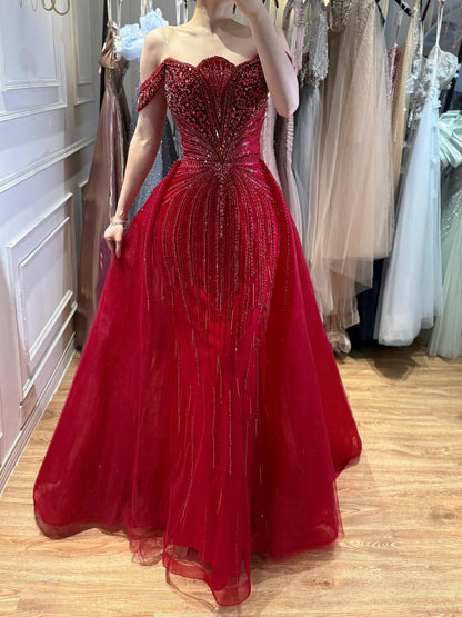 Luxury Beaded Nude Off Shoulder Mermaid Evening Dress LA73392