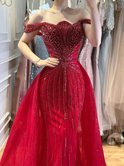 Luxury Beaded Nude Off Shoulder Mermaid Evening Dress LA73392