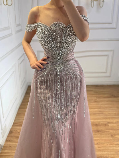 Luxury Beaded Nude Off Shoulder Mermaid Evening Dress LA73392