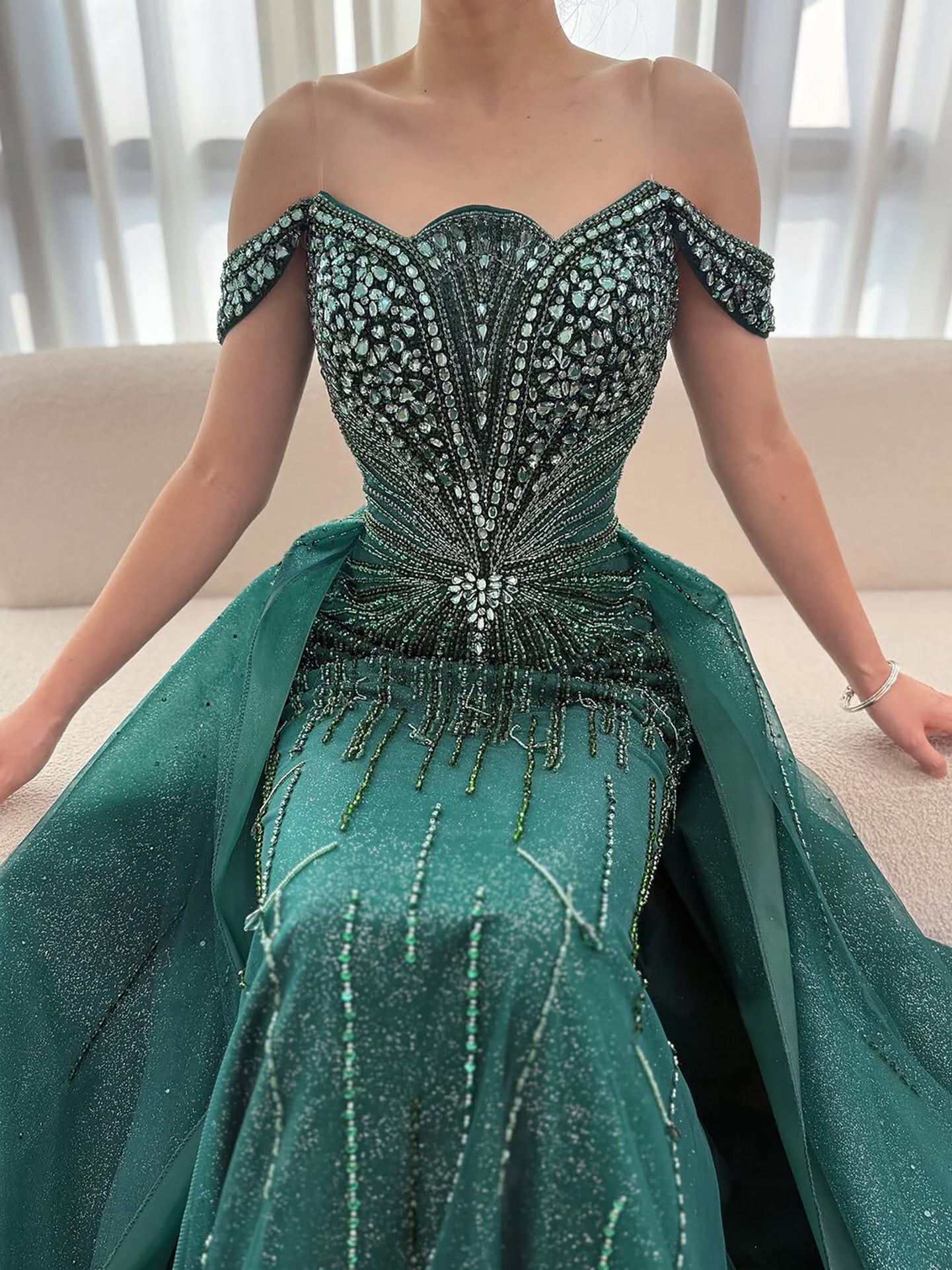 Luxury Beaded Nude Off Shoulder Mermaid Evening Dress LA73392