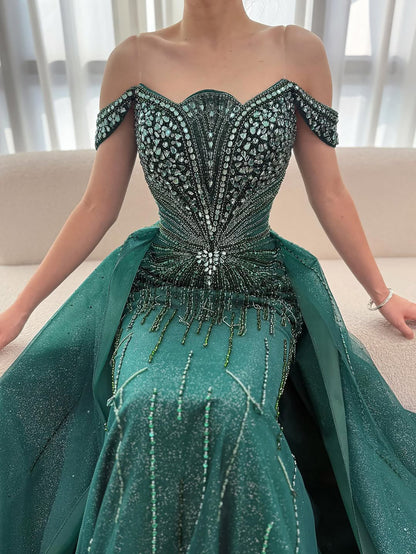 Luxury Beaded Nude Off Shoulder Mermaid Evening Dress LA73392