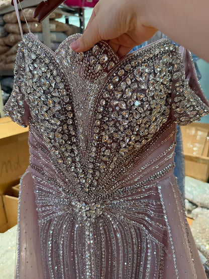 Luxury Beaded Nude Off Shoulder Mermaid Evening Dress LA73392