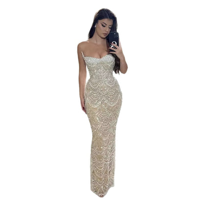 Luxury Nude Pearls Beaded Strapless Mermaid Evening Dress LA73395
