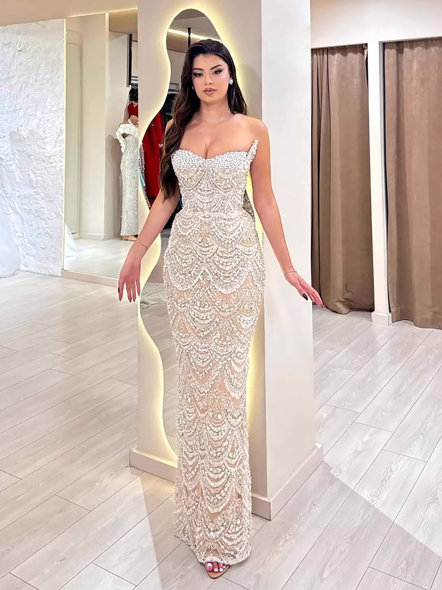 Luxury Nude Pearls Beaded Strapless Mermaid Evening Dress LA73395